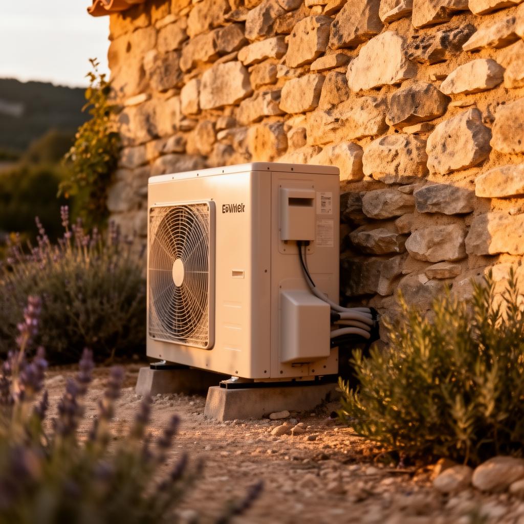 Unité extérieure de climatisation accessible contre un mur en pierre typique du Sud Ardèche