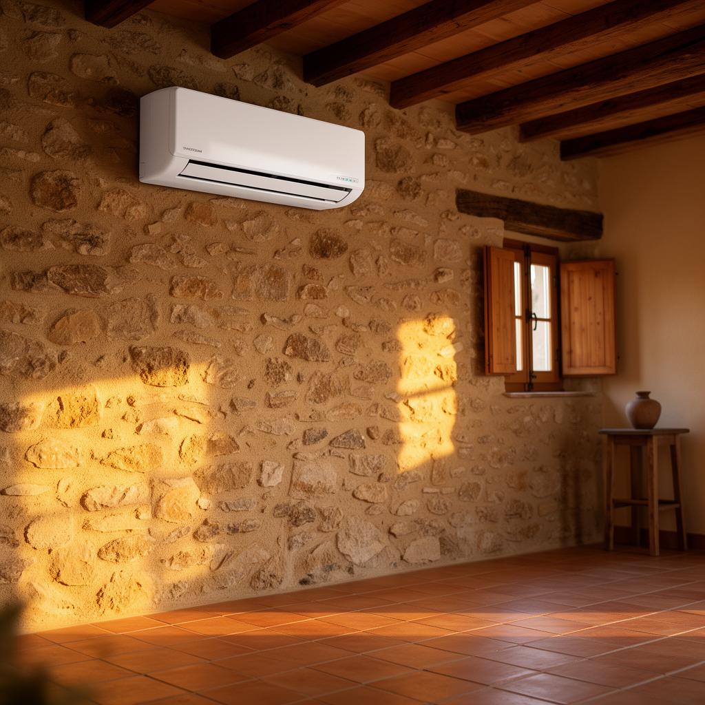 Unité intérieure de climatisation murale dans un intérieur typique du Sud Ardèche